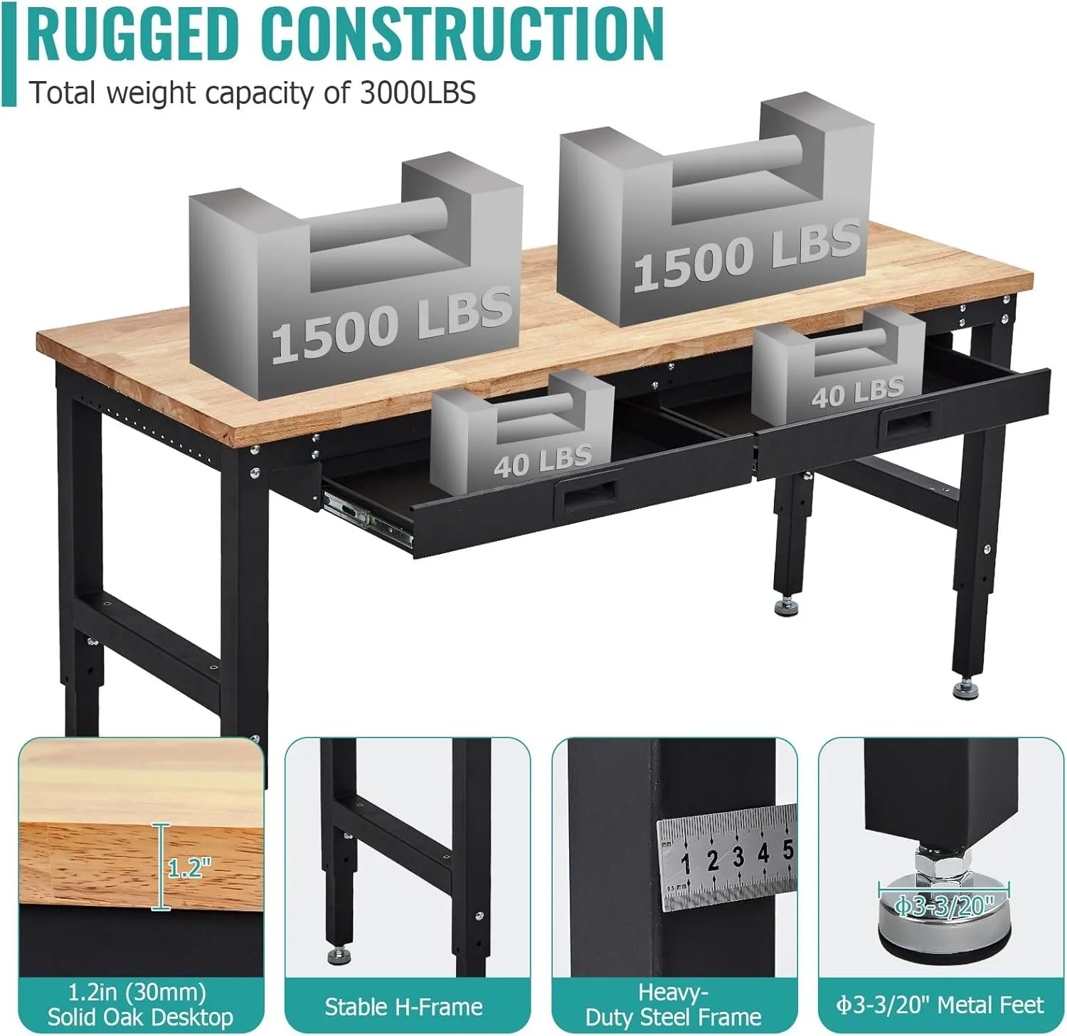 60 Inches Workbench Adjustable Height Work Bench w/ 2Drawers Pegboard Pad 3000LB