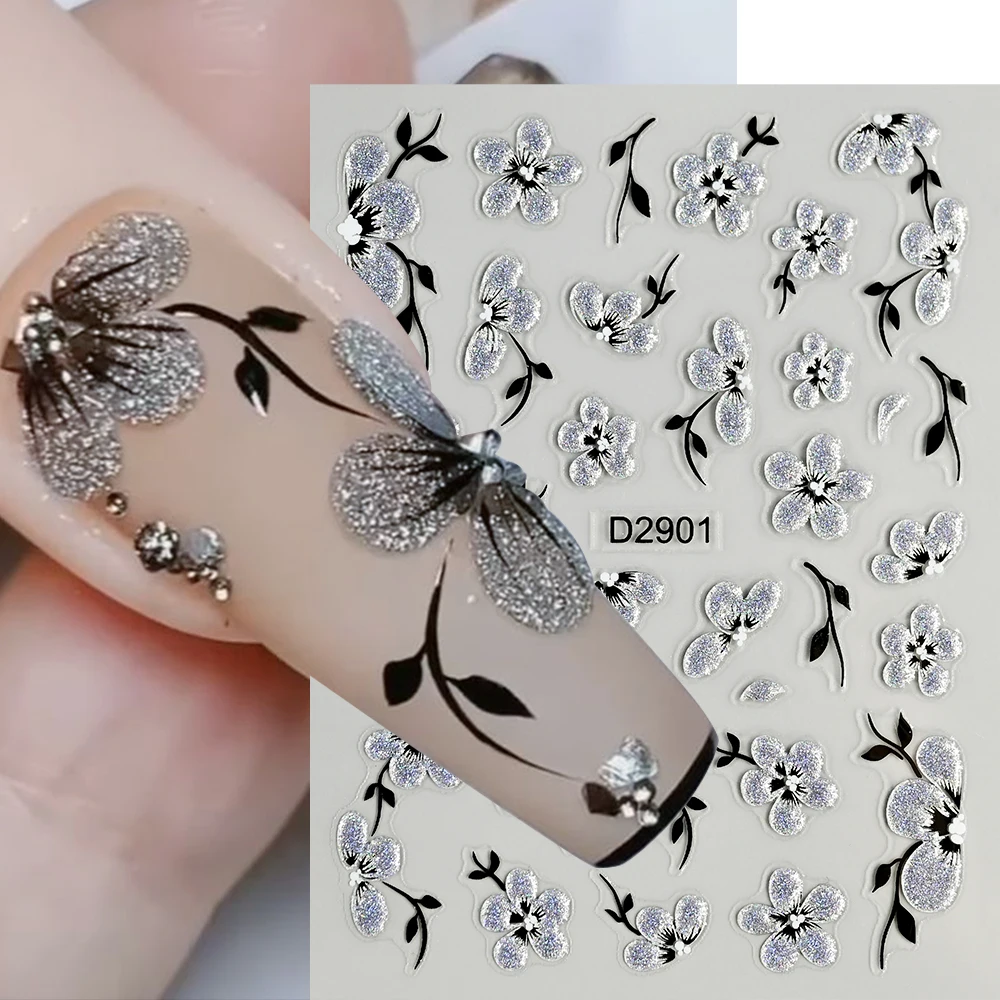 5D Acrylic Black Glitter Floral Nail Stickers Shiny Elegant Black Silvery Petals Leaves Nail Decals Blooming Floral Leaf Slider