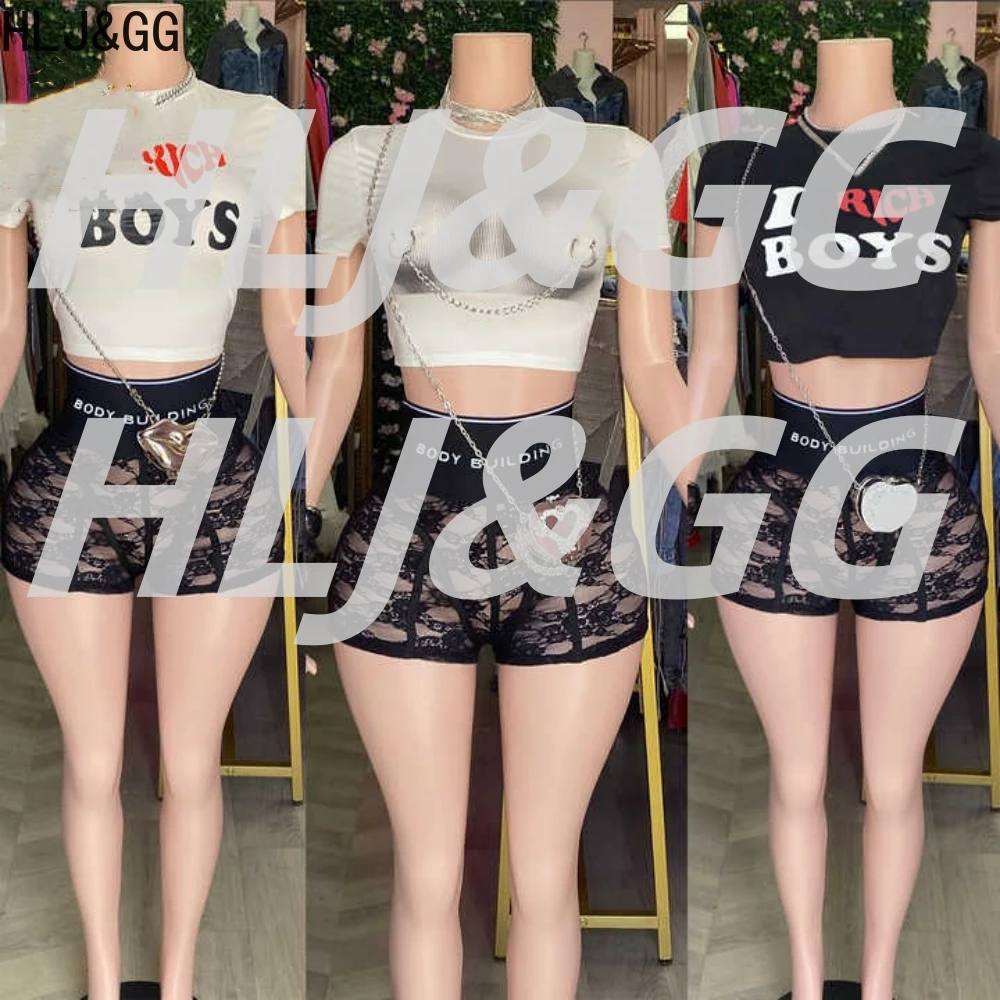 HLJ&GG Trendy Summer New Letter Printing Lace See Though Shorts Two Piece Sets Women Round Neck Slim Crop Top And Shorts Outfits