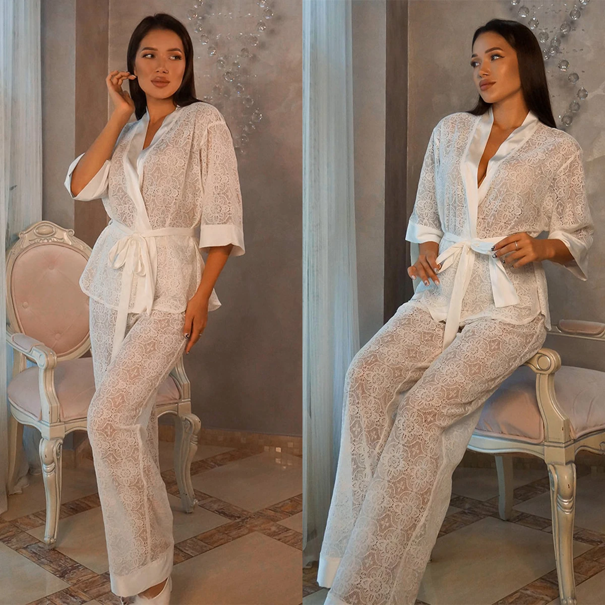 

Classic Lace Women Sleepwear 2-Pieces With Belt Lllusion Nightgown Half-sleeves Floor-Length Pajamas Luxury Gowns Nightwear