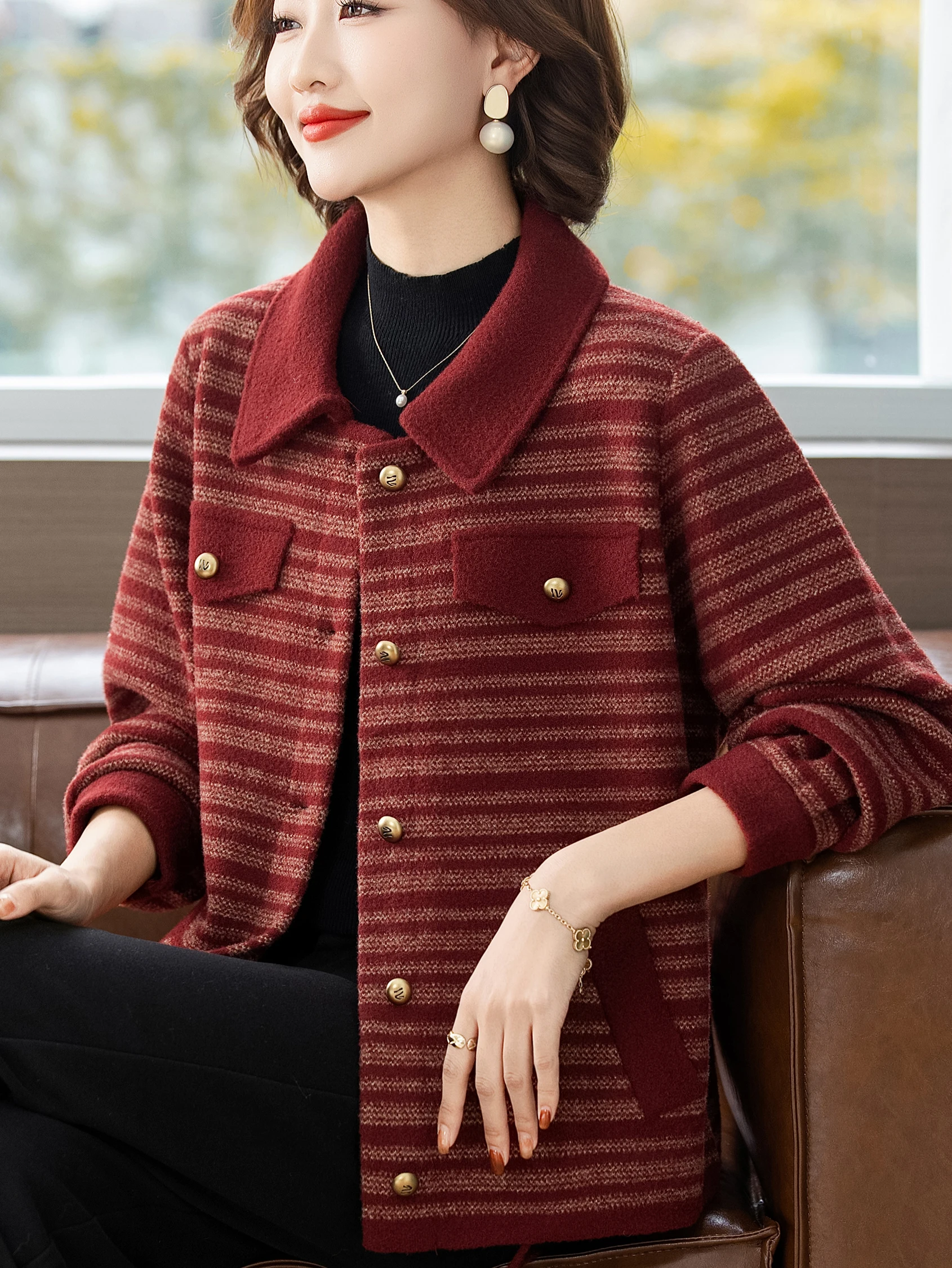 

Осенне-зимнее шерстяное пальто в клетку для женщин, кардиган на пуговицах, модная легкая роскошная одежда для мам, мелкие полоски
