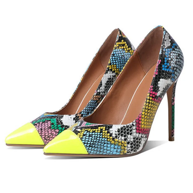 Sexy Striped Cloth Multi Snake Neon Patchwork High Heels Pumps Shallow Slip On Mixed Color Women Party Dress Shoes