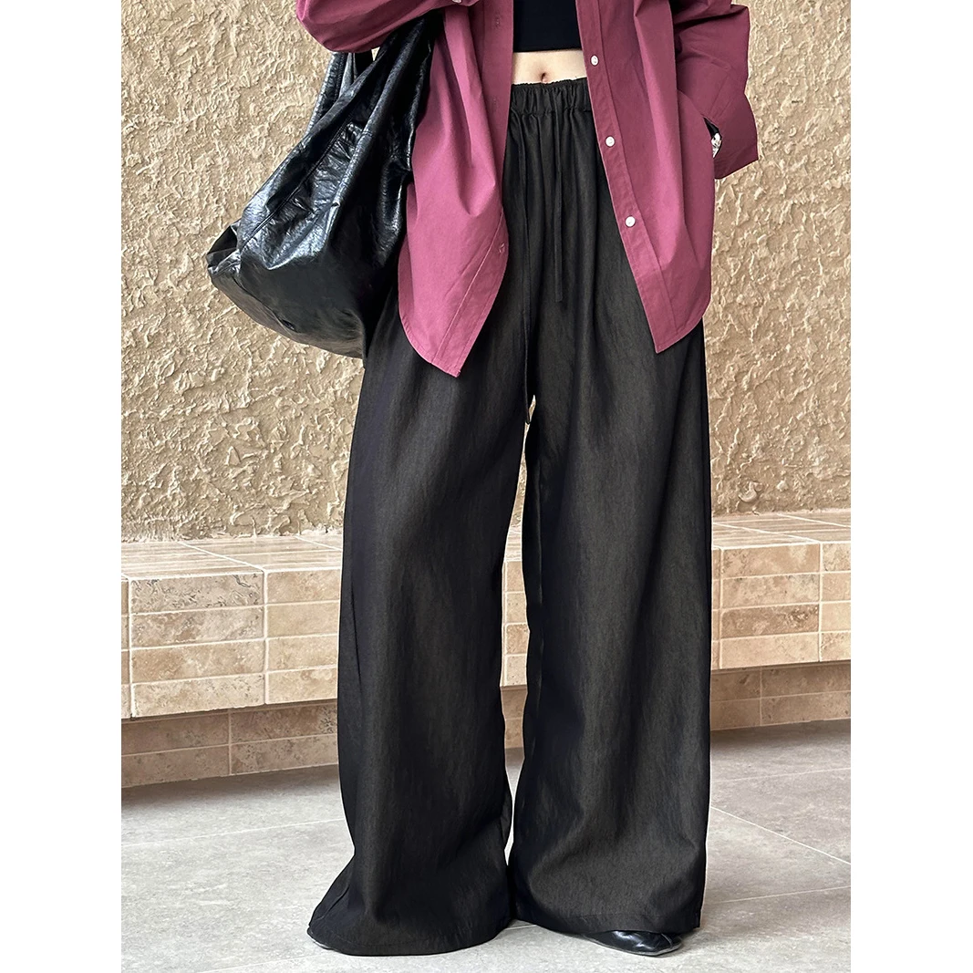 Calças retas de pernas largas femininas, cintura alta, 48% algodão, preto, calças femininas, roupas de moda, outono, 2024