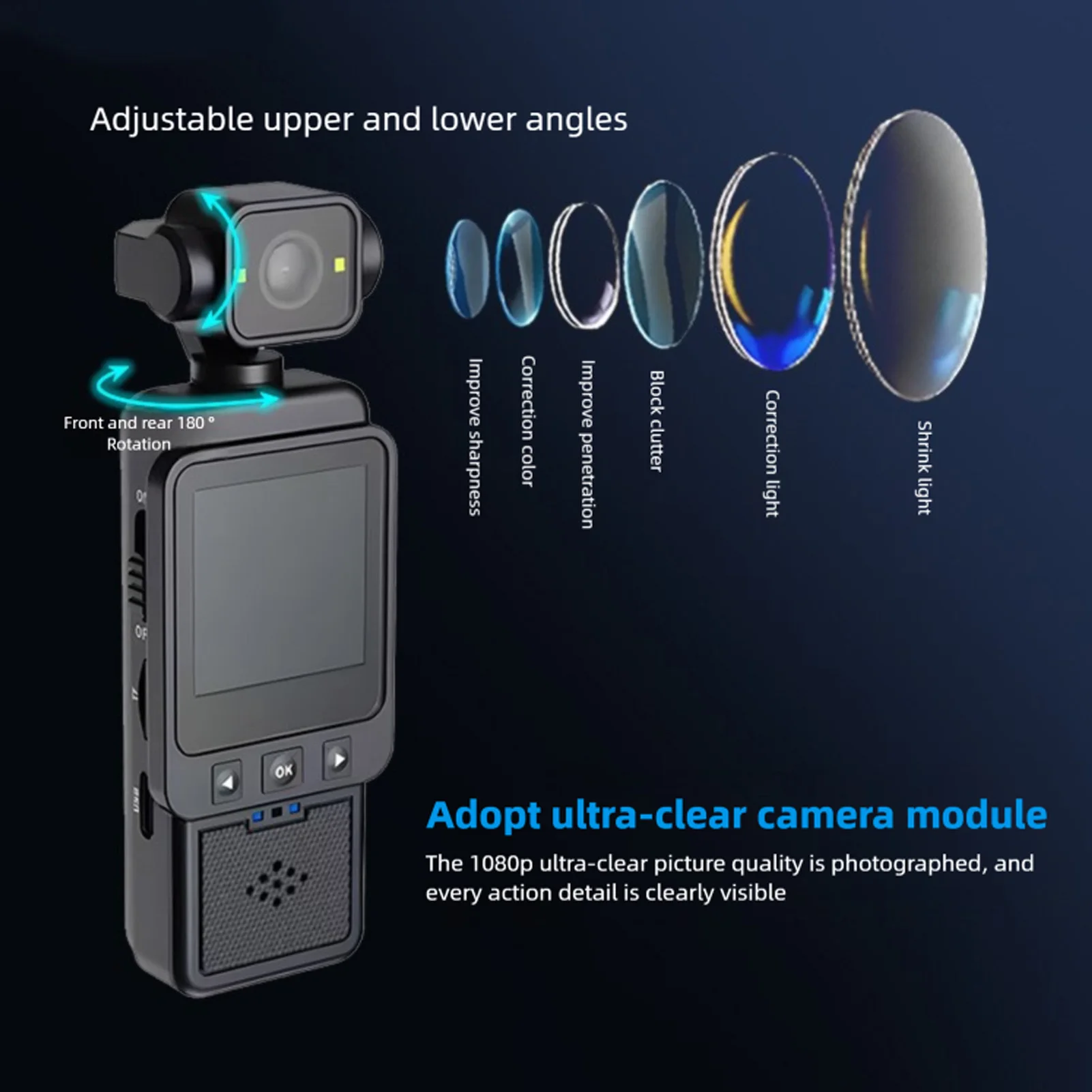 1080P Camera Vlog Camcorder Multi Axis Stabilization 270 Degree and 180 Degree Lens Rotation Multifunctional