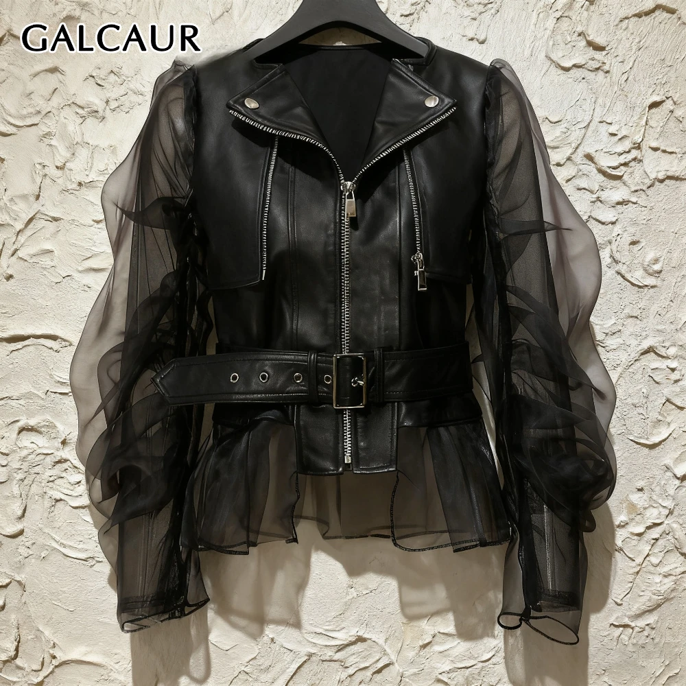 

GALCAUR черная кожаная куртка с поясом, женская лоскутная сетчатая куртка с лацканами и длинными рукавами, уличная одежда, шикарные женские куртки, осенний стиль