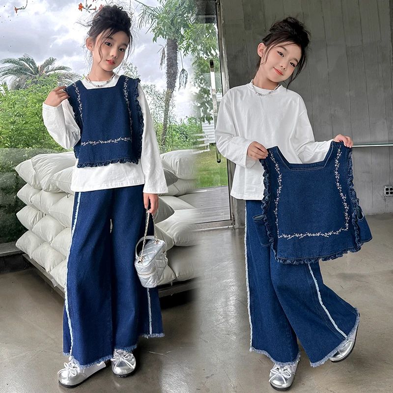 teenage girls fall clothes set Embroidered vest+cotton t-shirt+Wide leg jeans 3pcs junior kid pants suit child outfits conjuntos