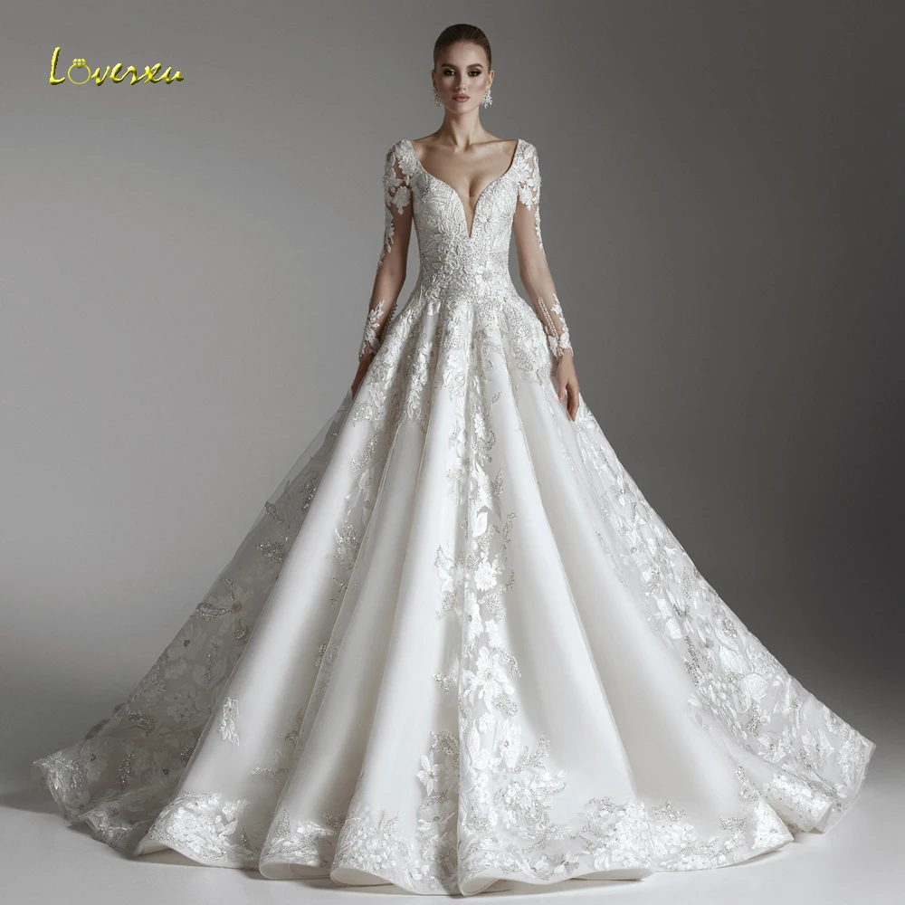 Loverxu a linha chique vestidos de casamento com decote em v manga longa vestido de novia rendas apliques sem costas delicado feito sob encomenda vestido de noiva