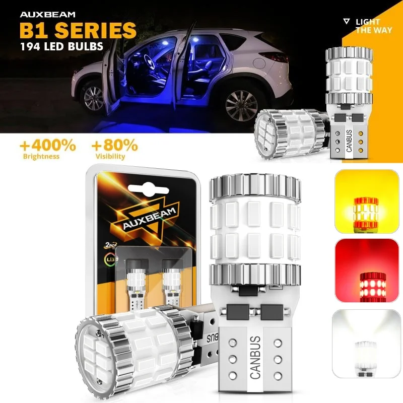 

AUXBEAM 168 2825 W5W T10 LED License Plate/Side Marker/Interior Light Bulbs 3W 400% Brighter Canbus B1 Series | 2 Bulbs