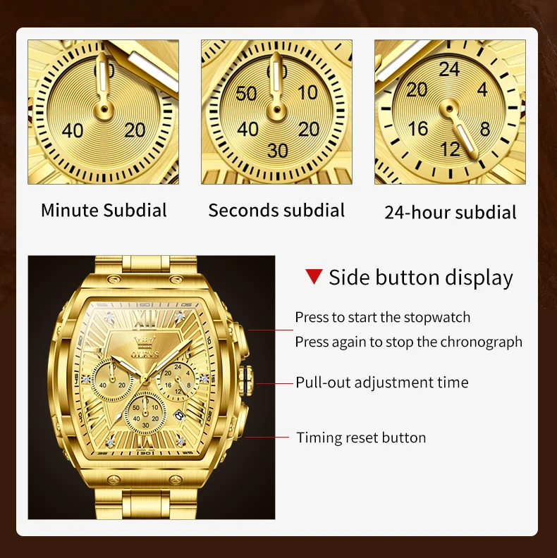 OLEVS 5639 New Men Watch Luxury Original Tonneau Watch Waterproof Luminous Automatic Date Chronograph Gold Men Quartz Watch