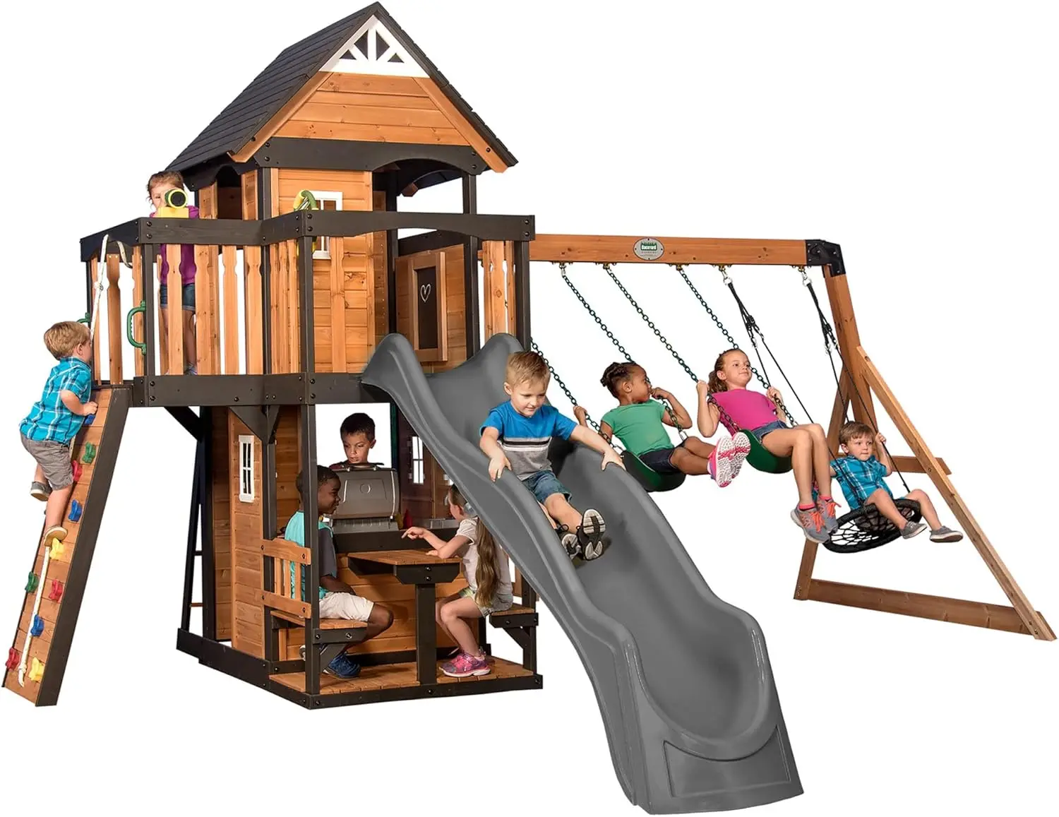 Creek All Cedar Wood Swing Set w/Grey Wave Slide, Playhouse w/Grill, Plastic Food, Picnic Area,