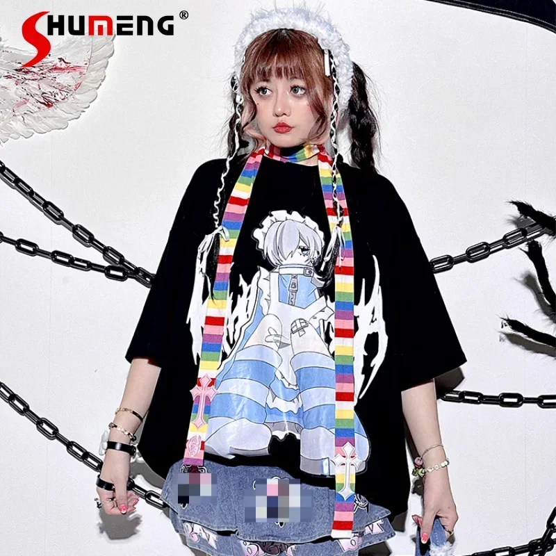 

Hot Girl Streetwear Anime Print Black Loose T-shirt Women Harajuku Summer Mine College Cotton Tees Student Y2k Oversized Clothes