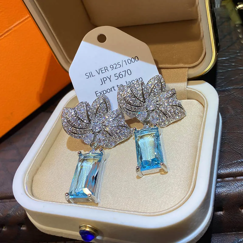 maple leaf blue square zircon romance earrings simple beauty vintage sparkling floral summer fashion jewelry for women