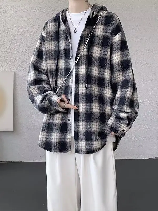 

Мужская рубашка в американском стиле ретро в клетку, осенняя модная толстовка с капюшоном, повседневная универсальная куртка для пар, свободный крой, длинный рукав, полиэстер