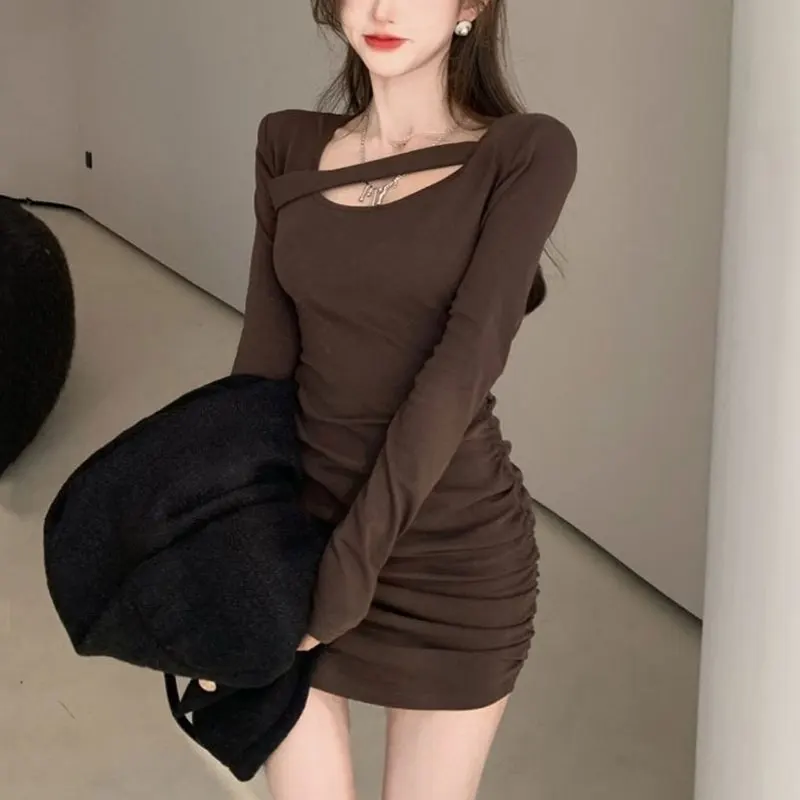 

Hotsweet Slim Bag Hip Mini Dress Female Clothing Solid Color Waist Spring Autumn Fashion Spliced Folds Casual Round Neck Dresses