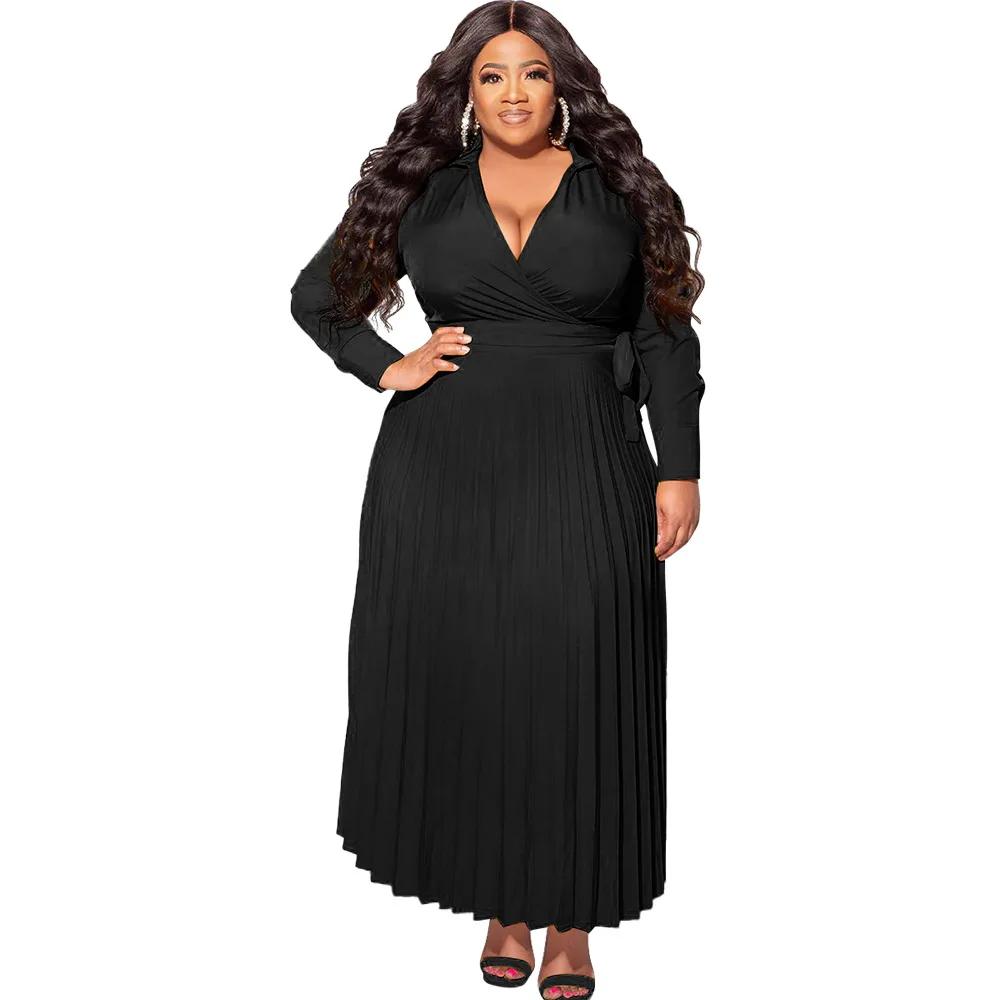 

WSFEC Plus Size Dresses for Women 2023 Summer Clothing Long Sleeve Deep V Neck Bandage Pleated Casual Elegant Evening Dress