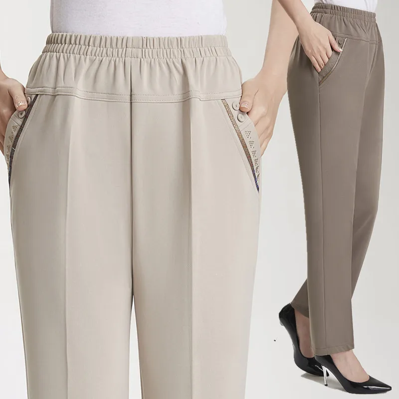 XL-7XL Large Size Women Pants Spring Summer Ice Silk Elastic Waist Female Trousers Casual Middle Aged Mother Stretch Pantalones