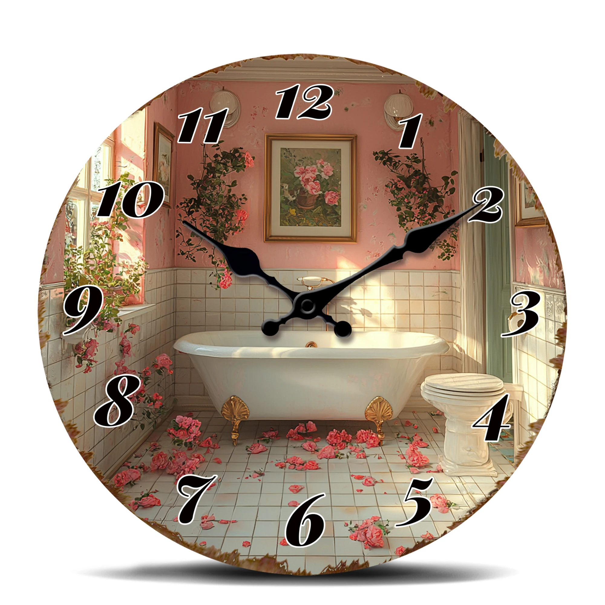 Vintage Bathroom with Clawfoot Tub and Rose Petals Wall Clock, Shabby Chic Decor for Powder Room