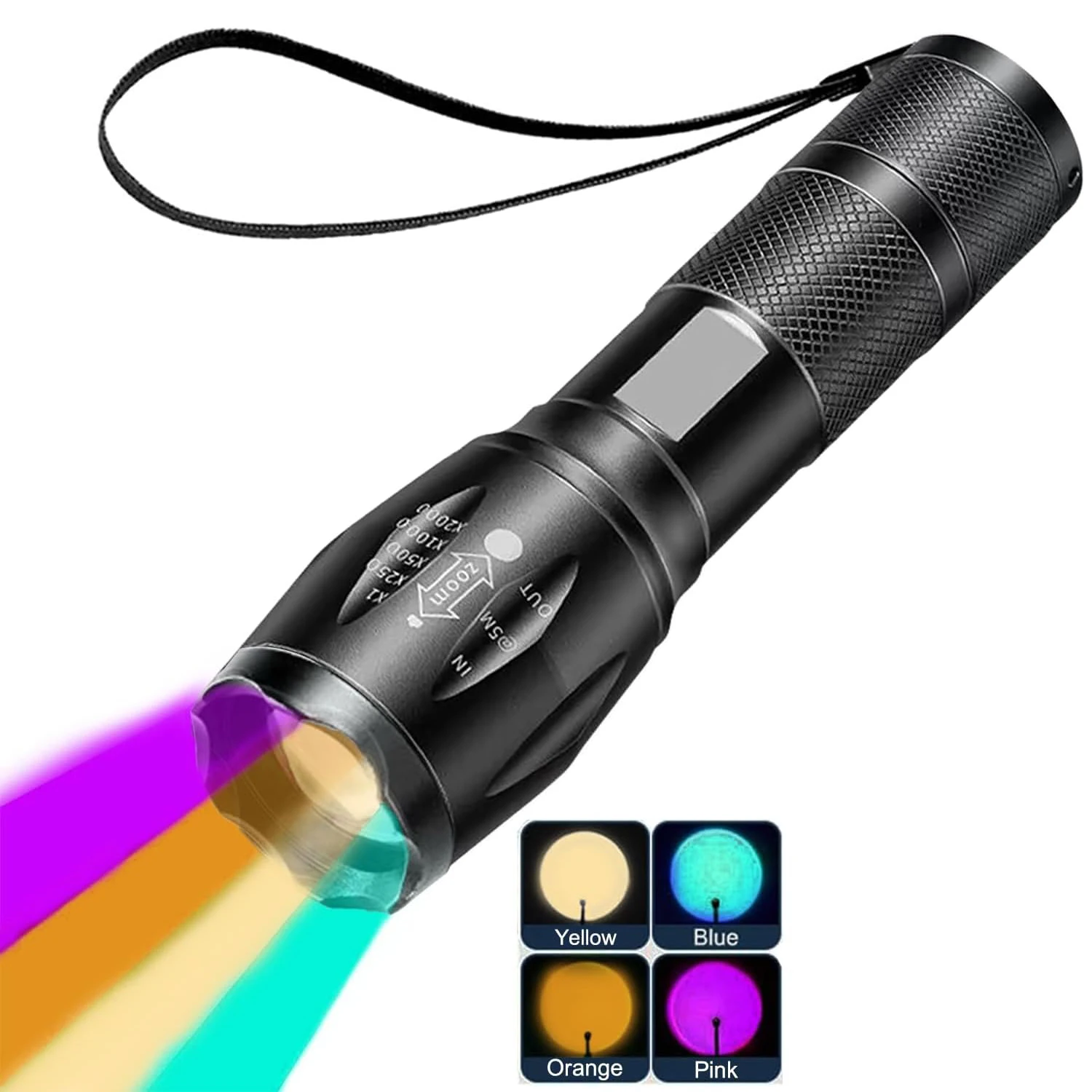 Multifunctional 4 In 1 Super Bright LED Flashlight 4 Lights Color Pink Blue Yellow Amber 2000LM USB Rechargeable Torch