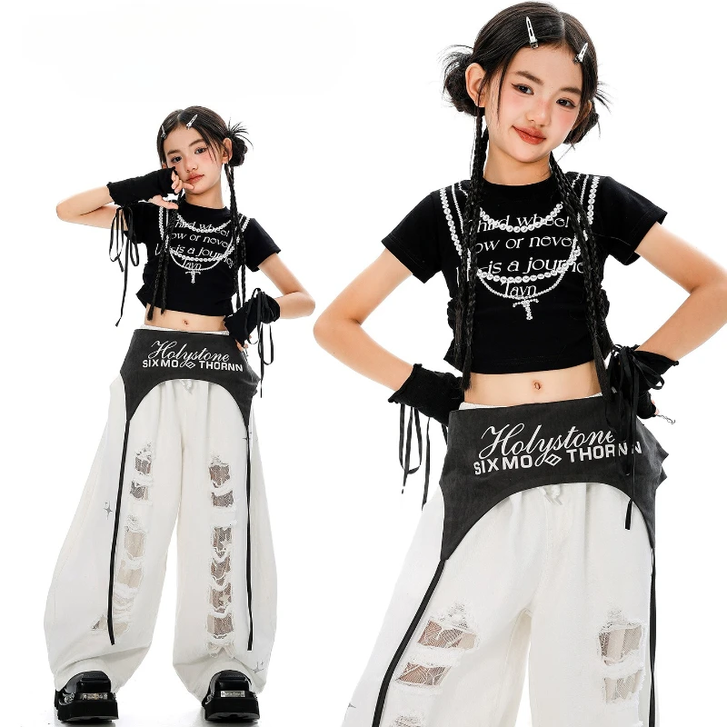 

Girls Kpop Hip Hop Clothing Set Black Tank Top Casual Ripped Pants Cool Jazz Dance Streetwear Costumes Group Stage Show Clothes