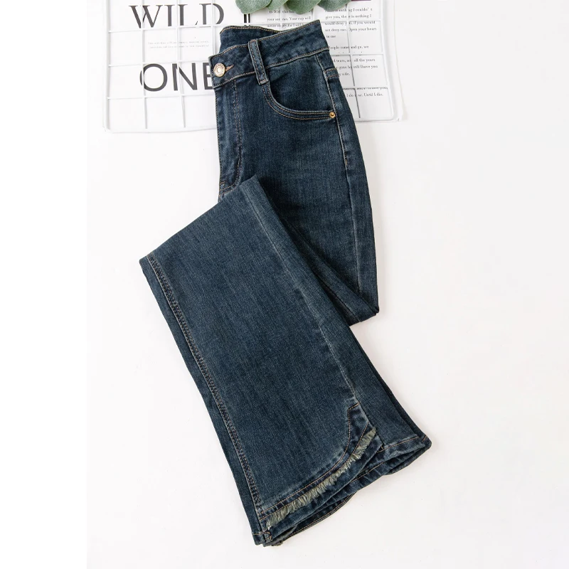 

Прямые брюки с высокой талией, эластичные утягивающие микро расклешенные джинсы, женские модные повседневные джинсовые брюки с высокой талией, новинка осени