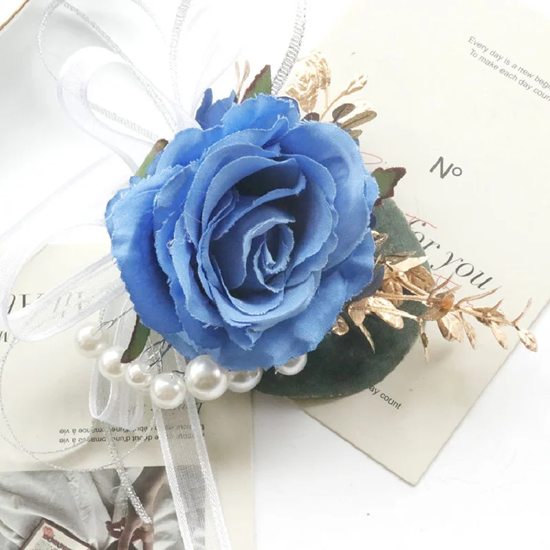 Boutonniere y Corsag de muñeca de estilo occidental, pulsera de busto de fiesta de banquete de invitados, suministros de boda de flores, azul, 198