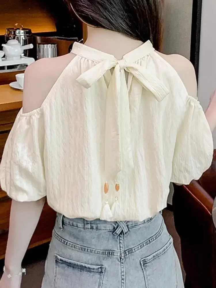 

2025 New French Style Bow Tie Lace Shoulder Chiffon Shirt Women Summer Sweet Hanging Neck Bubble Sleeves Loose Top