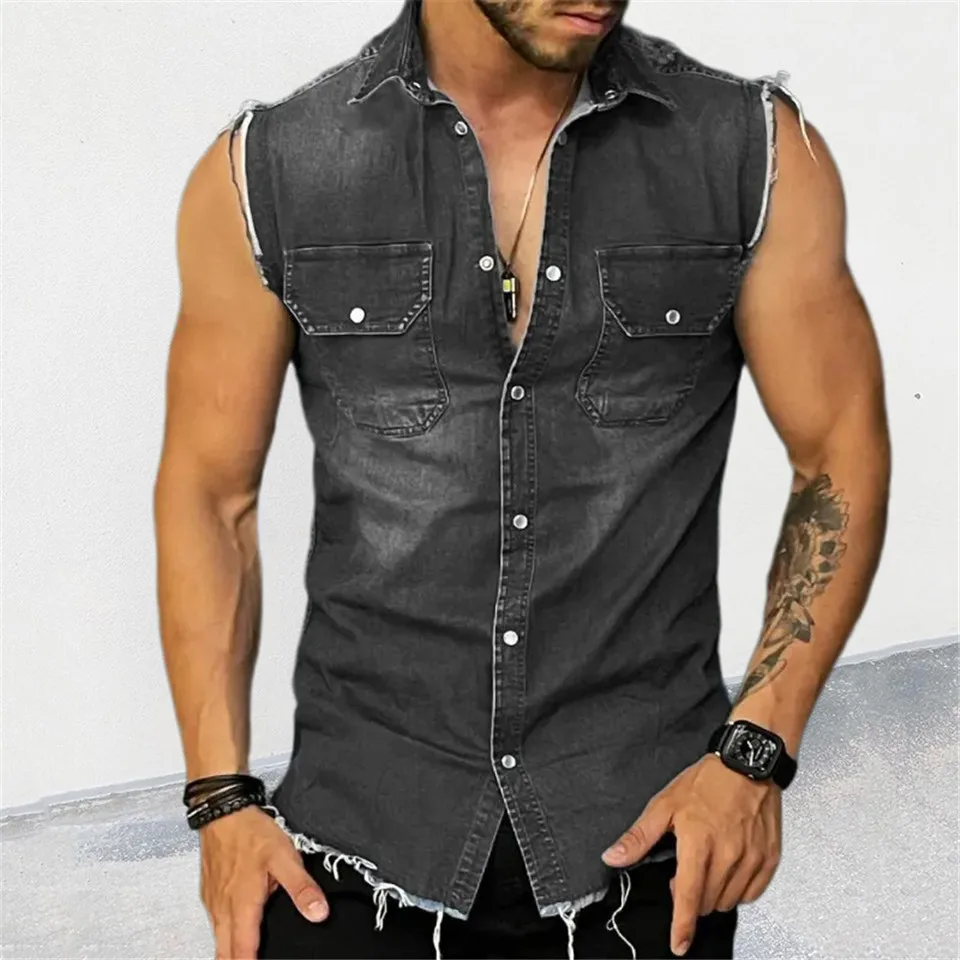 

Fashion Men Summer Solid Color Denim Shirts Single-Breasted Design Pocket Decor Turn-down Collar Sleeveless Slim Cardigan Top