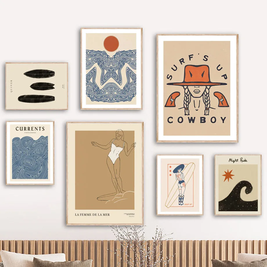 

Beige Abstract Surf Girl Dance Wall Art Canvas - Nordic Boho Style Modern Home Decor Living Room Lines Poster Print