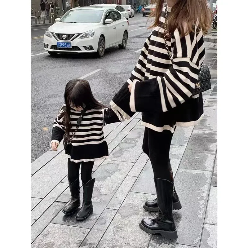 Mother Daughter Sweater Winter Women\'s Clothes 2024 Parent-Child Matching Knit Tops Mom And Baby Girls Knitted Jumper Pullover