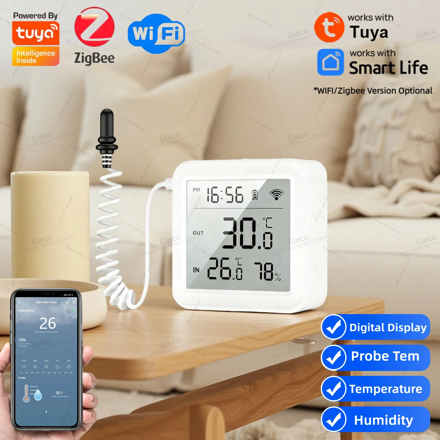 

Zigbee Wifi Temperature Humidity Sensor LCD Digital Thermometer Hygrometer With Probe For Tuya Smart Life Alexa Google Assistant