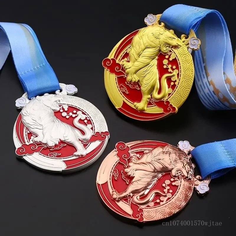 Customized Tiger Metal Medal, Hanging on the Neck, Sports Games, Souvenir, Home Decoration, Ribbon, Gold, Silver, Bronze, 1Pc