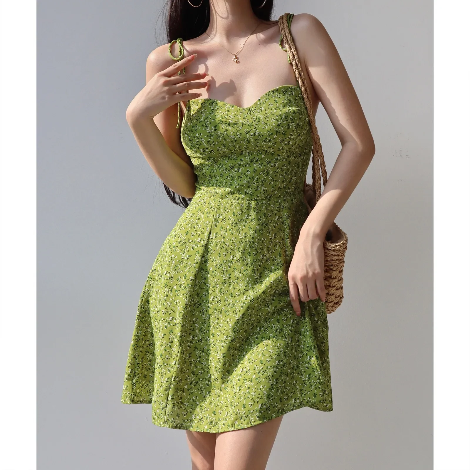 

Green Floral Strapless Dress Female Summer High Waist A-line Vestidos Elegantes Mini Dresses Beach Sundress Hoilday Travel Robe