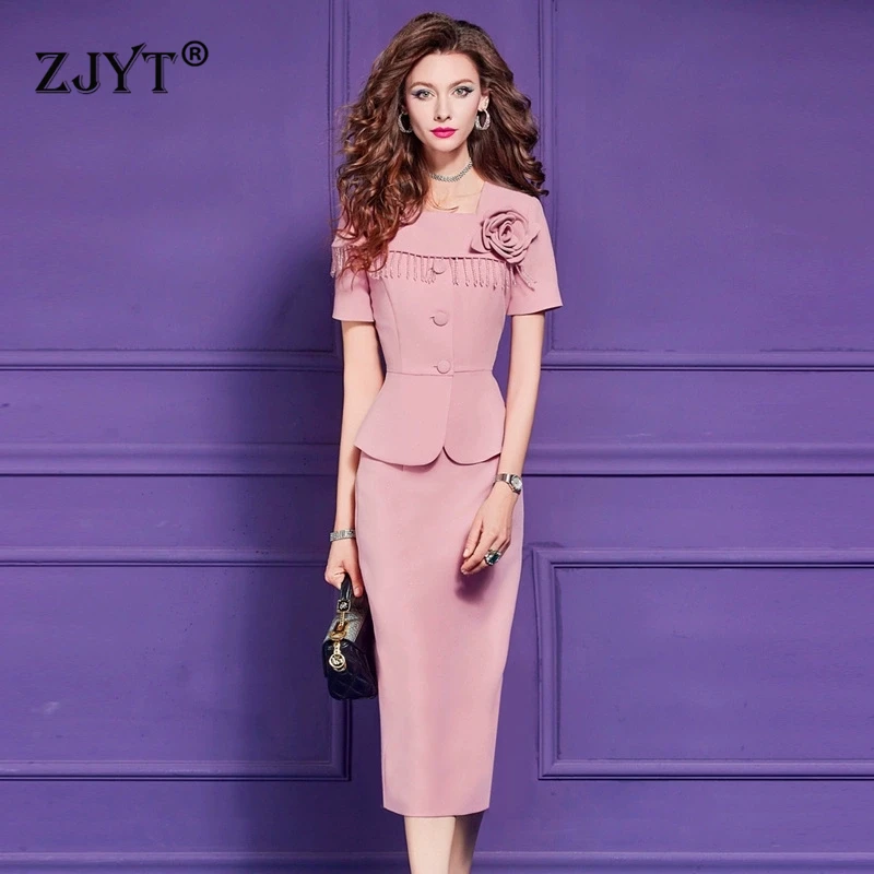 

ZJYT Elegant Business Chic Dress Sets Summer 2025 3D Floral Beading Top and Pencil Skirt Set 2 Piece Womens Outfit Office Party