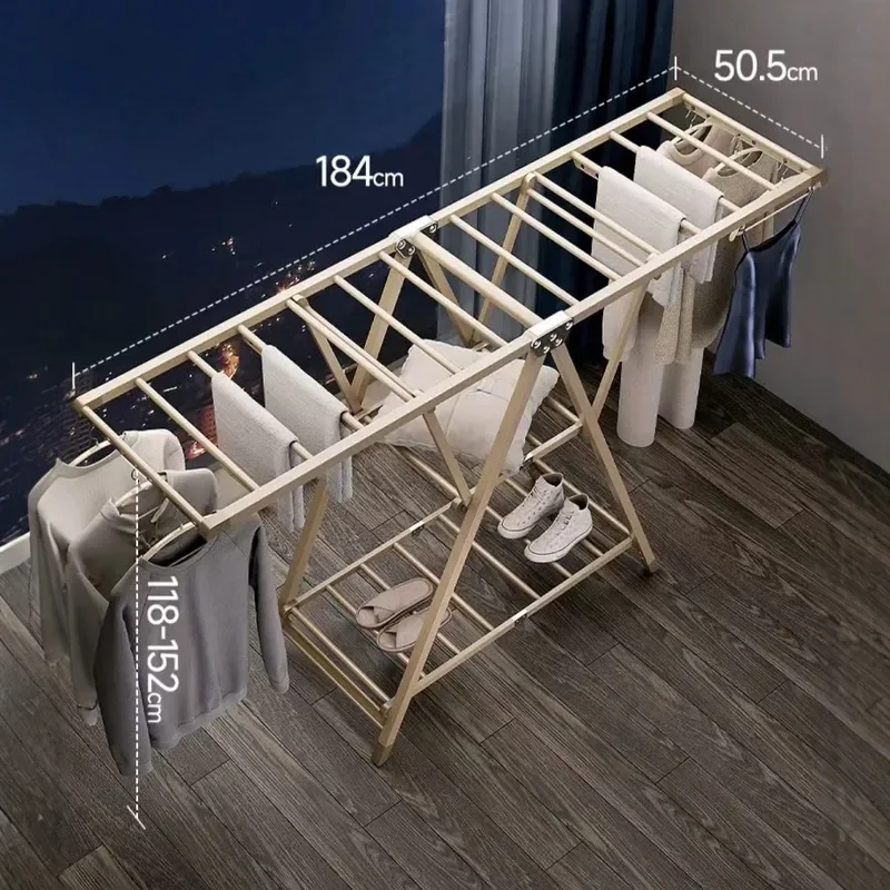 Aluminum Alloy Floor Standing Clothes Drying Rack Foldable Indoor Balcony Laundry Hanger for Quilts and Heavy Garments