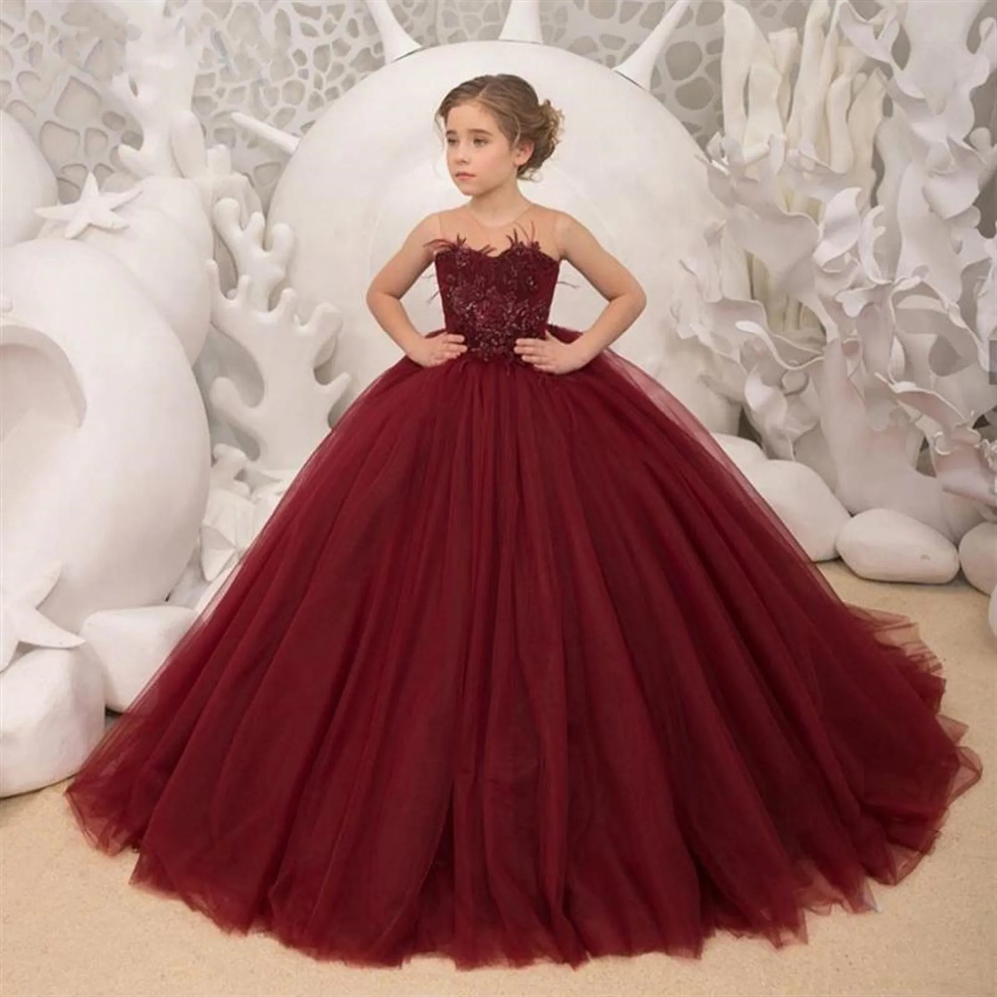 Flower Girl Dress Burgundy Trail Round Neck Applique First Wedding Elegant Flower Child Party Dinner Communion Dress