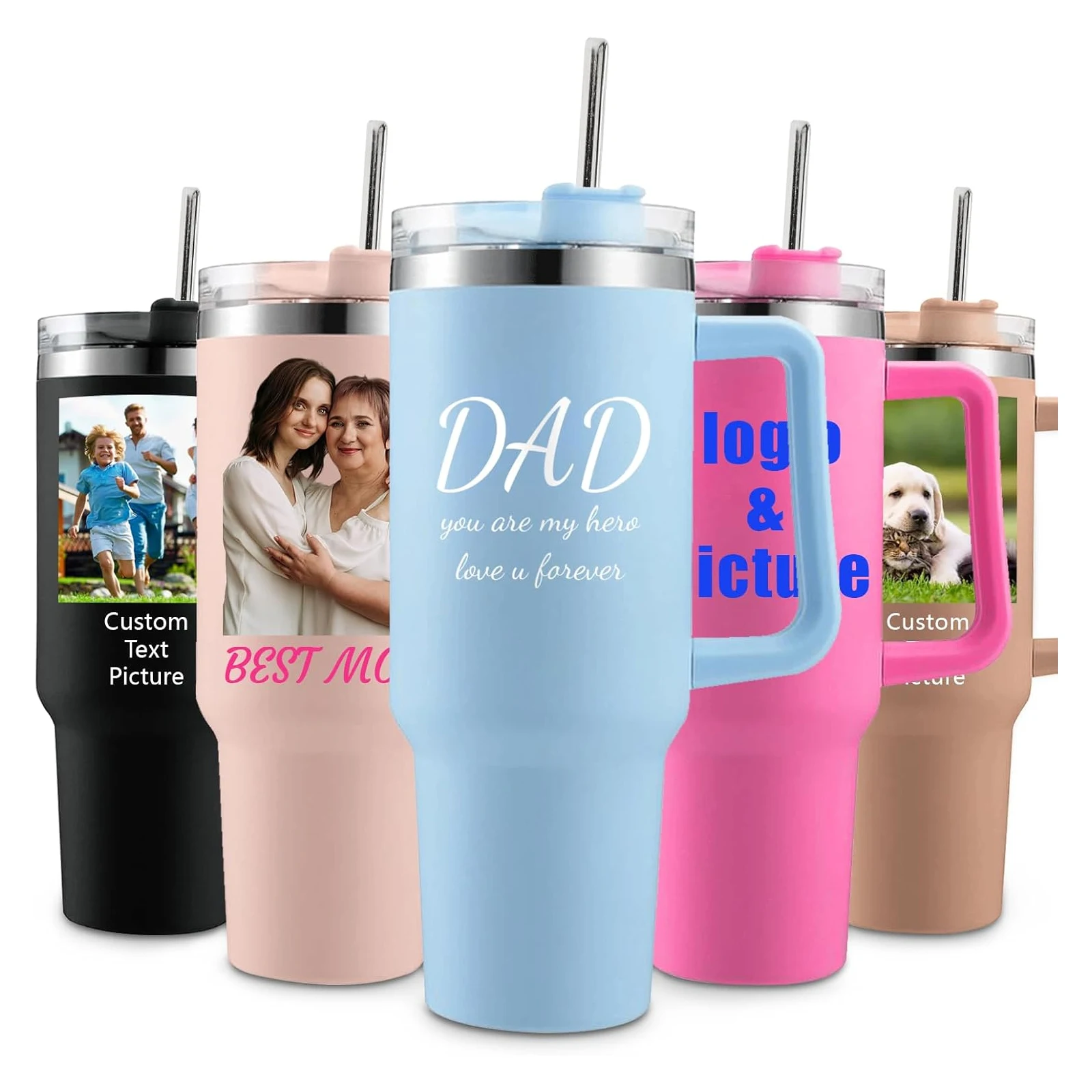 40oz personalisierte maßgeschneiderte Thermosbecher/Griff und Strohhalm – individueller Name/Foto isolierter Edelstahlbecher