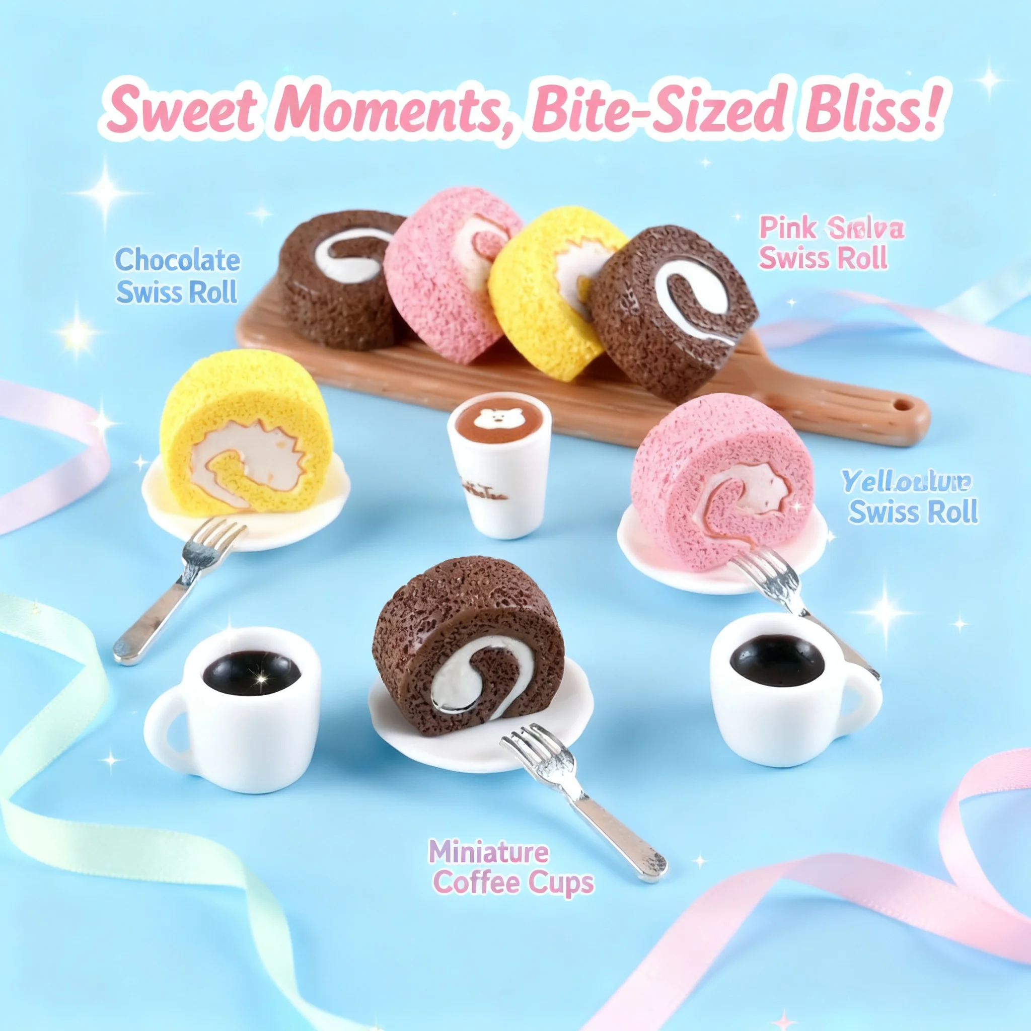 4PCS Simulated Physical Toys 3D Sponge Cake Swiss Rolls Resin Accessories Cream Glue DIY Hair Clips Headpieces for Women Girls