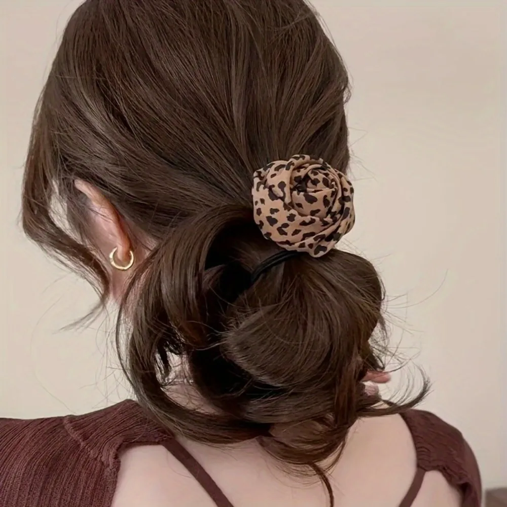 1/2pcs Leopard Print Rose Flower Hair Ties High Elasticity Fabric Rubber Bands Cute Sweet Style Hair Accessories for Ponytails