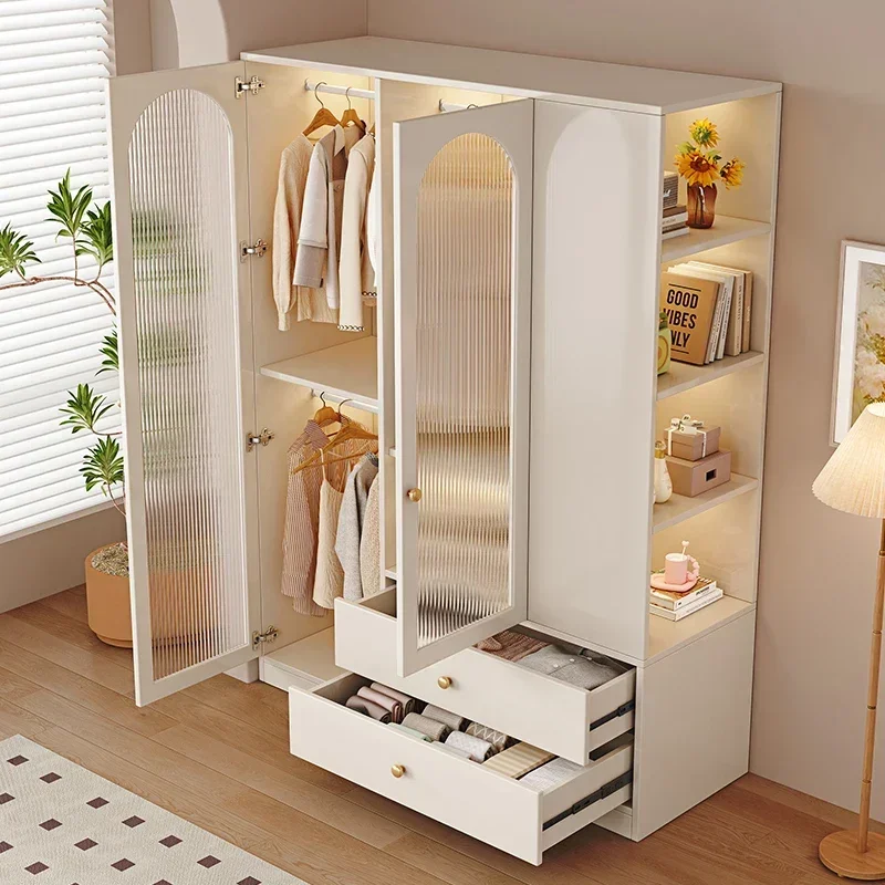 With Lamp Modern Closet Cabinet With Drawers White Solid Wood Cream Wind Bedroom Household Wardrobe Bedside Storage Glass Door