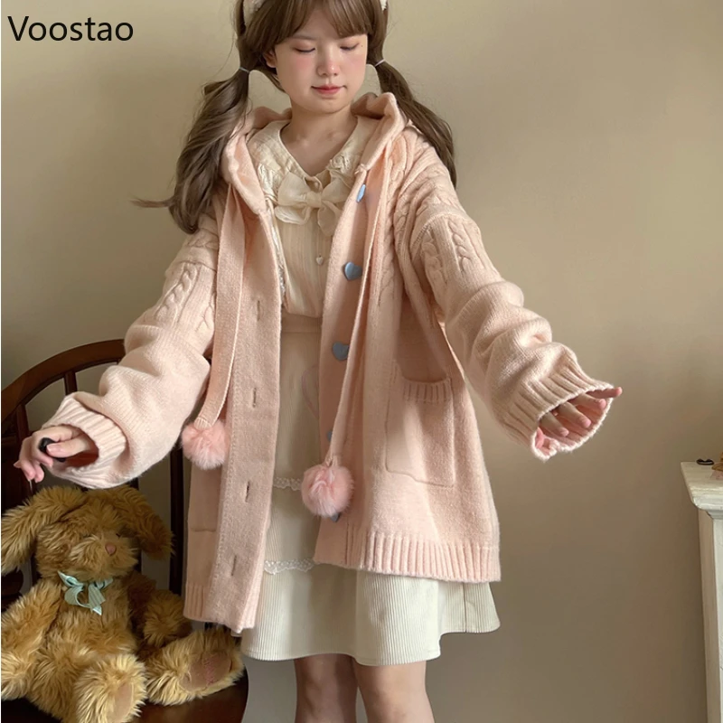 Japanese Cute Lolita Knitted Cardigan Women Harajuku Kawaii Pink Hooded Long Sweater Coat Girls Sweet Loose Pocket Knitwear Tops