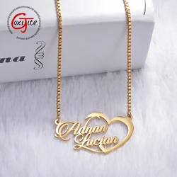 Goxijite-Personalizado 2 Nomes Colar de Aço Inoxidável para As Mulheres, Personalizado Grande Amor Coração Placa de Nomes, Caixa Colares Cadeia, Presente Da Jóia