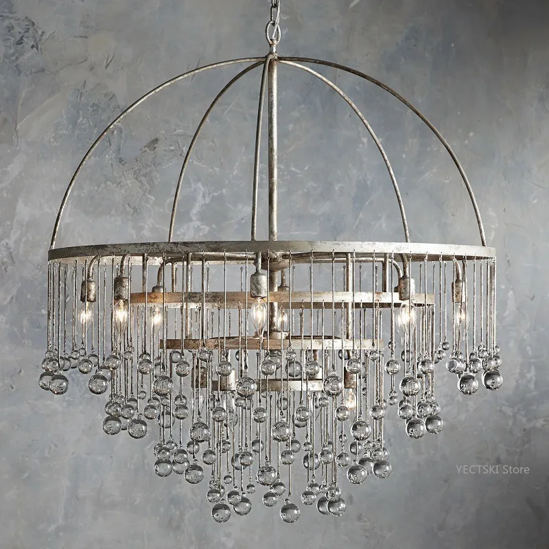 

American retro crystal chandelier, personalized French countryside wrought iron, antique villa, dining room, living room