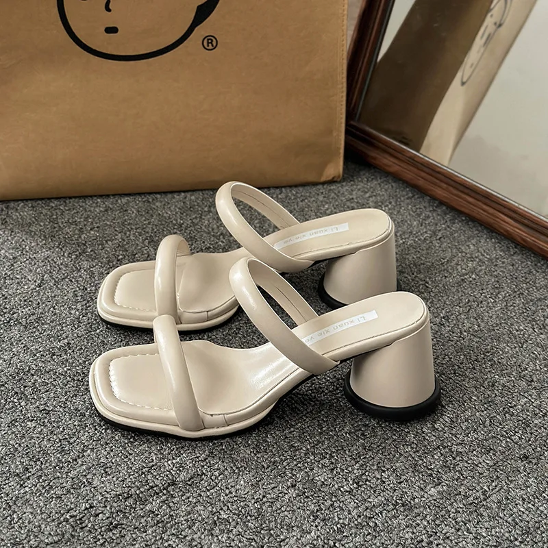 Shoes Woman 2024 Slippers Summer Square heel Low Pantofle Heeled Mules Block New High Slides Rubber Fabric Rome Scandals PU