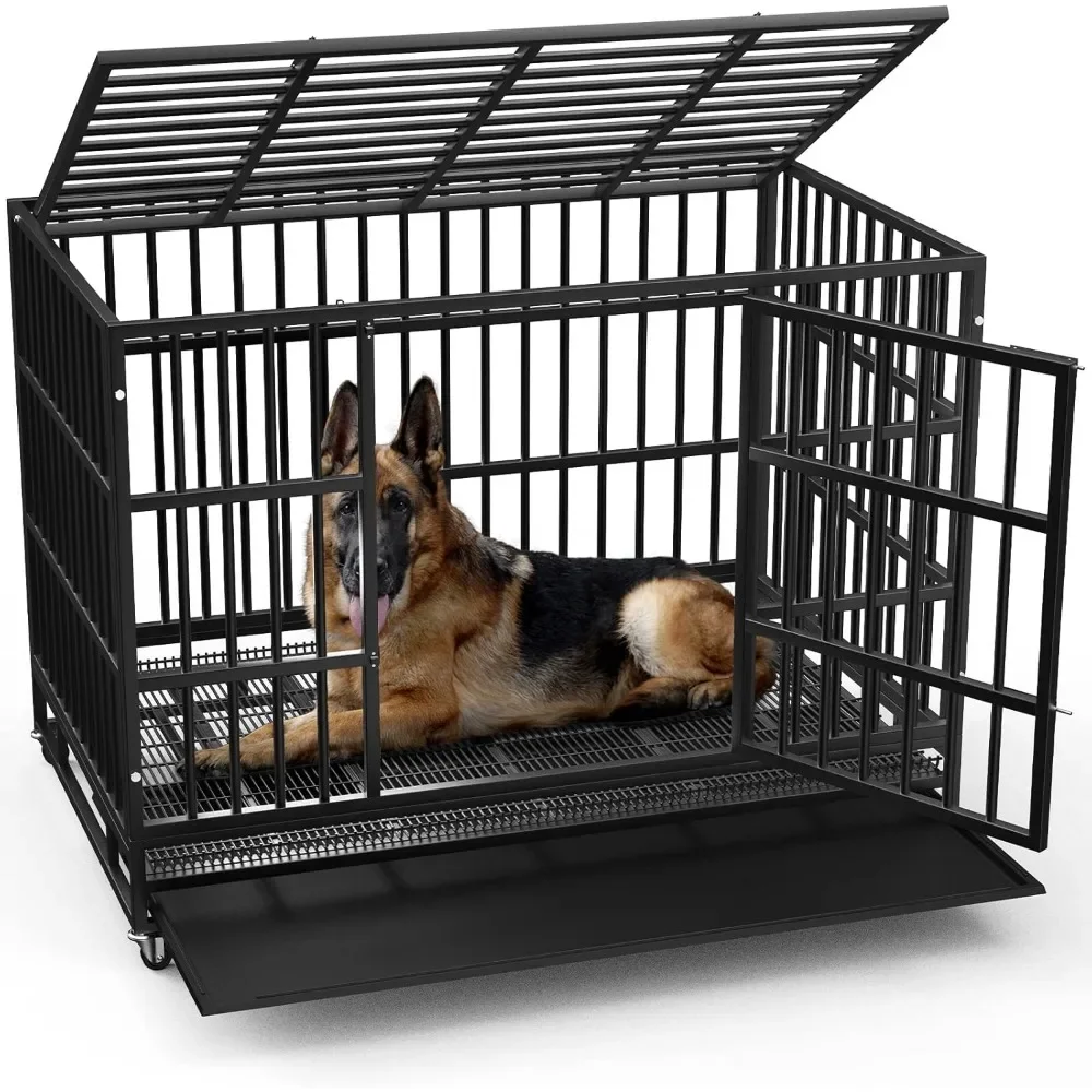 48/38 inch Heavy Duty Indestructible Dog Crate, Escape Proof Dog Cage Kennel with Lockable Wheels, High Double Door, Kennels