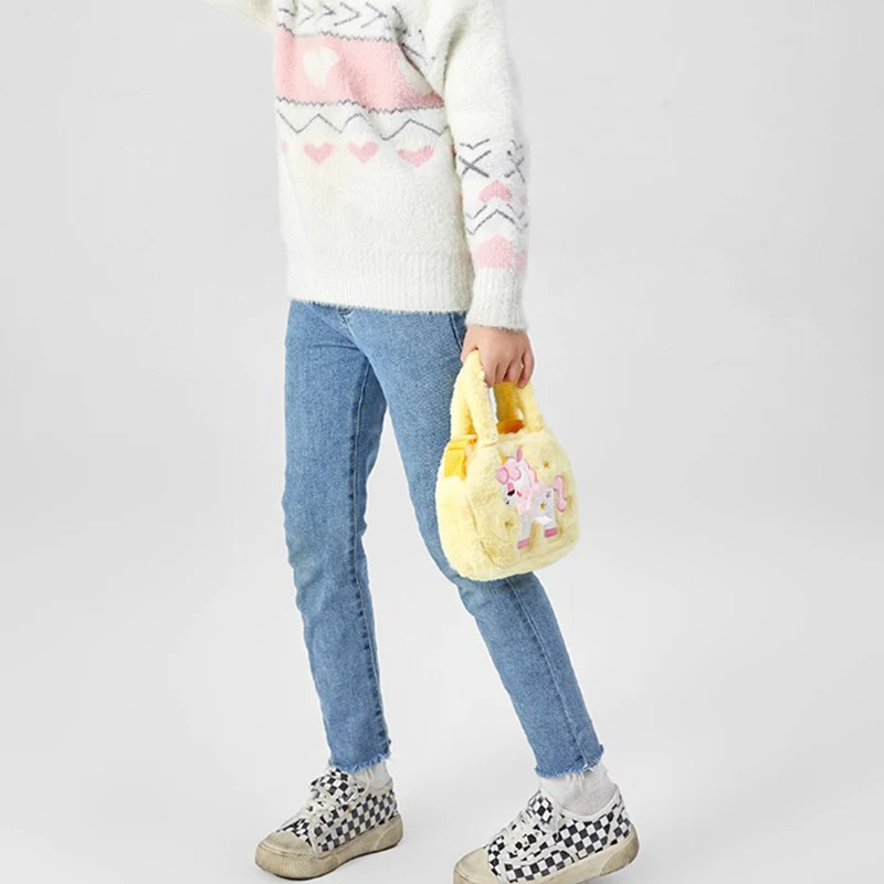 어린이 자수 봉제 크로스 바디 지갑 및 핸드백, 어린 소녀 무지개 푹신한 지갑, 귀여운 만화 모피 숄더백