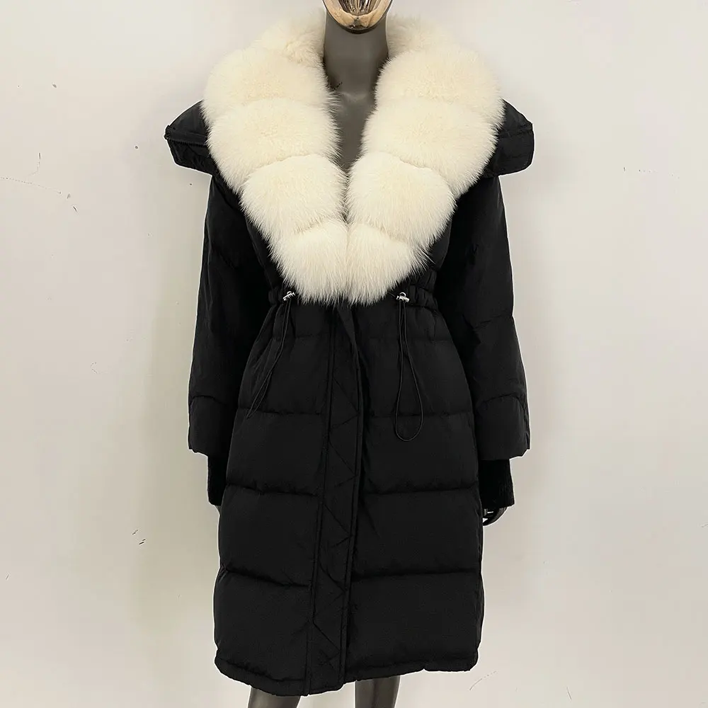 Femmes automne hiver fourrure de raton laveur naturelle vraie fourrure de renard doudoune doudoune longue manteau chaud femme blanc canard doudoune