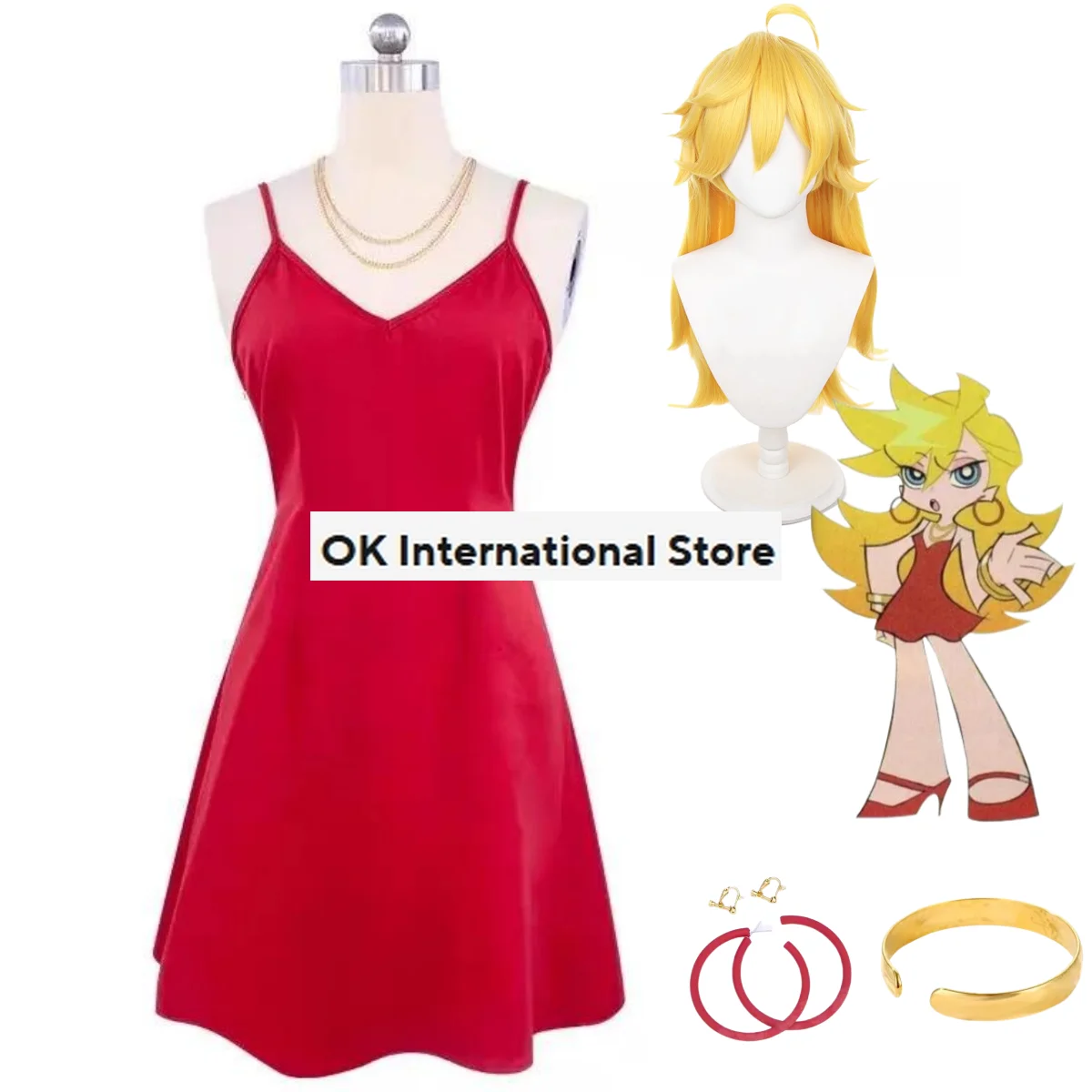 Anime Panty & Stocking with Garterbelt Panty·Anarchy Cosplay Costume Wig Red Camisole Skirt Earring Woman Sexy Halloween Suit