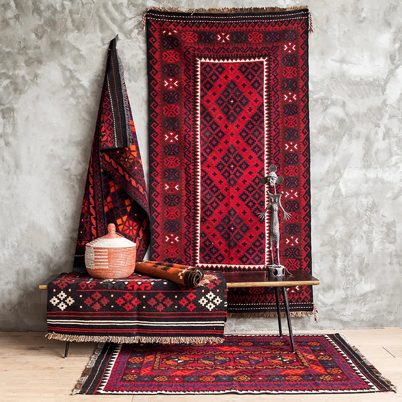 

Imported handmade woven wool red kilim Bohemian ethnic style living room tapestry carpet mat