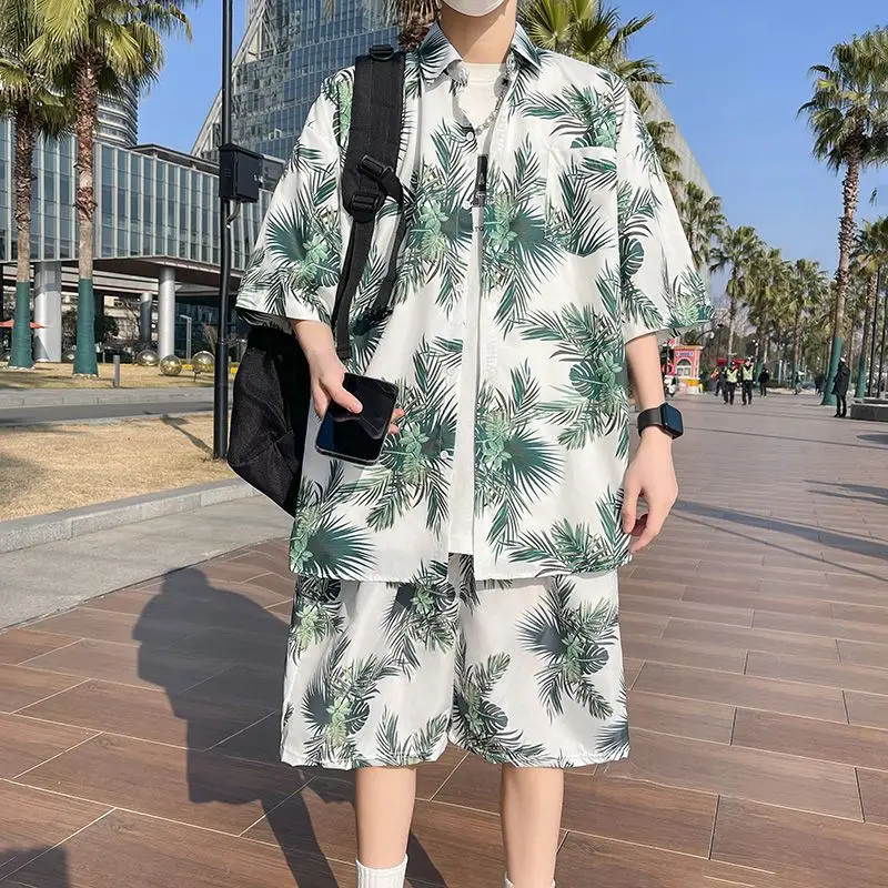 Travel Casual Men's Beach Pants Ice Silk Quick-drying Floral Shorts Seaside Resort Floral Shirt Hawaiian Suit