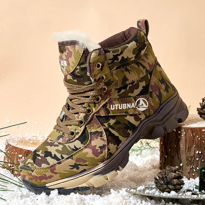 Winter New Snow Boots for Men Velvet Warm Non Slip Cotton Shoes Outdoor Camouflage Wool Style Cold Resistant Cotton Boots Male